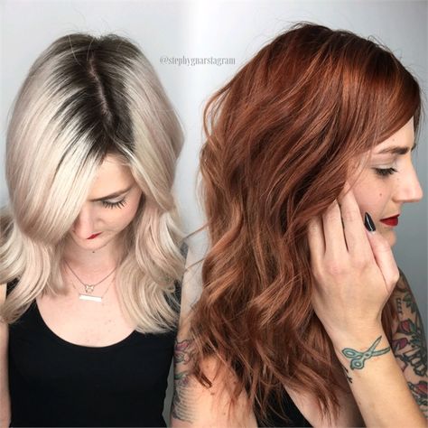 MAKEOVER: Platinum To Red Melt - Hair Color - Modern Salon Dimensional Copper, Blonde To Red, Bobbed Hairstyles, Color Melting Hair, Perfect Blonde Hair, Hair Colouring, Round Hair Brush, Hair Color Burgundy, Huntington Beach Ca