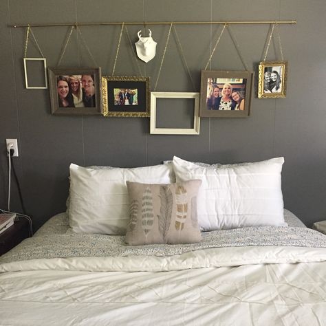 Above bed ideas. Hanging pictures from a curtain rod. Easy and inexpensive Above Headboard Decor, Above Bed Ideas, Decor Over Bed, Bedroom Art Above Bed, Above Bed Wall Decor, Bedroom Wall Decor Above Bed, Wall Decor Above Bed, Diy Wall Decor For Bedroom, Decor Above Bed