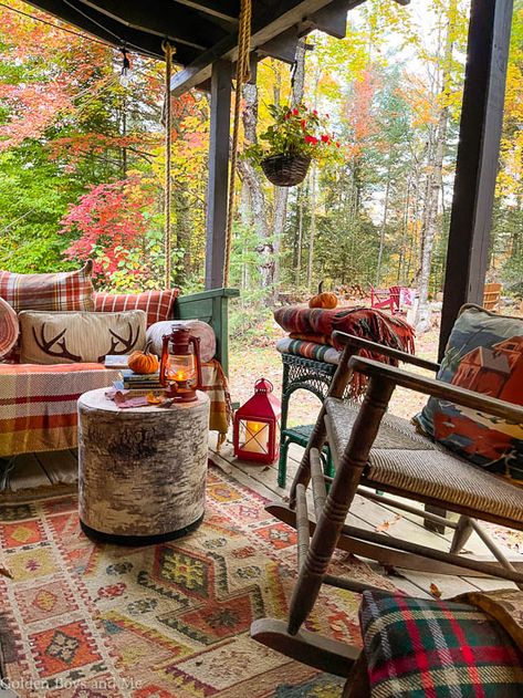 Fall front porch at cabin in the Adirondacks www.goldenboysandme.com Camp Decor, Cabin Porch, Dream Cabin, Cabin Inspiration, Image Halloween, Country Porch, Fall Decor Inspiration, Fall Front Porch Decor, I Wait