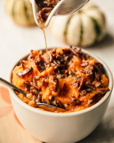 Stovetop Whipped Sweet Potatoes with Maple Pecan Drizzle | Kitchn Balsamic Sweet Potatoes, Cooking Reference, Side Dishes For Thanksgiving, Dishes For Thanksgiving, Good Sweet Potato Recipe, Easy Sweet Potato Recipes, Whipped Sweet Potatoes, Baked Mashed Potatoes, Cooking Thanksgiving Dinner