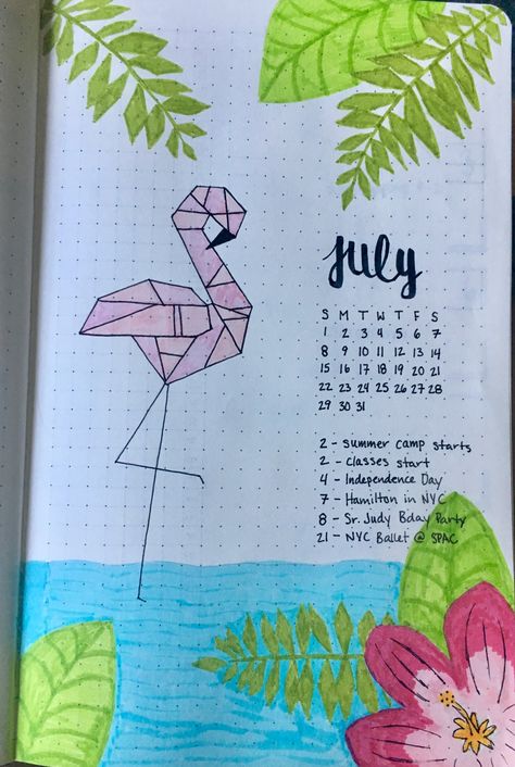 July monthly title page for my bullet journal. Gave it a tropical theme with a flamingo! Also added a calendar and events to remember throughout the month. Monthly Title Page, Bullet Journal Overview, Bullet Journal Title Page, Bullet Journal Monthly Calendar, Calendar Doodles, Bullet Journal Titles, Bullet Journal Month, Bullet Journal 2020, Creating A Bullet Journal