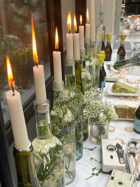 Candles In Wine Bottles Wedding, Wine Bottle Candles Wedding, Candles In Wine Bottles, Outdoor Wedding Candles, Bridal Shower Candles, Wedding Duties, Shower Candles, Outdoor Wedding Tables, Vine Bottle