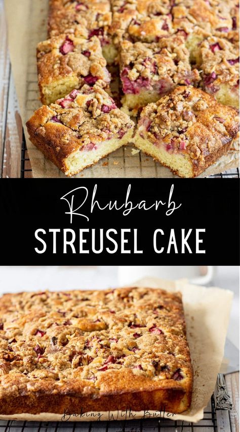 This rhubarb streusel cake recipe is buttery and tender, with tangy rhubarb pieces and a cinnamon and walnut streusel topping. This is also known as a rhubarb coffee cake. It gets its name because it’s a delicious slice of cake served with a cup of coffee, not because there is coffee in it. Rhubarb Coffee Cake Recipes, Crumb Cake Topping, Rhubarb Coffee Cake, Rhubarb Coffee Cakes, Plum Crumble, Slab Cake, Streusel Cake, Rhubarb Cake, Slice Of Cake