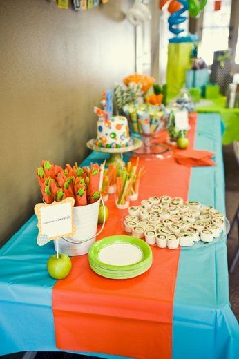 Baby Shower Table.  Great color combination. Orange blue green baby shower theme Goofy Birthday Party Ideas, Goofy Party Decorations, Goofy Party Ideas, Goofy Themed Birthday Party, Goofy Birthday Party, Green Baby Shower Theme, Goofy Birthday, Grey Scheme, Nemo Baby Shower