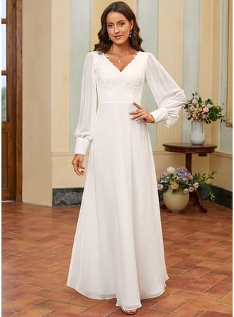 [US$ 99.00] A-line V-Neck Floor-Length Chiffon Lace Wedding Dress With Sequins  - JJ's House Winter Wedding Dress Coverups, Older Bride Wedding Dress, Wedding Dress With Sequins, Temple Dress, Dress With Sequins, White Boho Dress, Chiffon Wedding Dress, Lace Chiffon, Fall Wedding Dresses