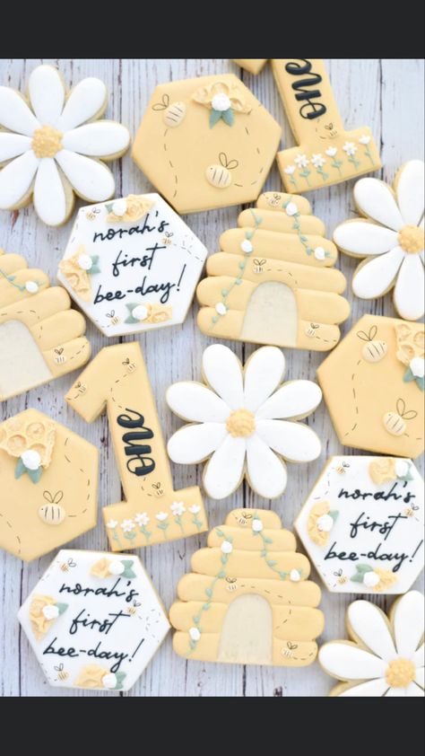 Honey Bee One Year Birthday, Honey Bee Is Three, 1st Bee Day Cookies, Bee And Daisy Birthday Theme, Queen Bee First Birthday Party, Bee Cookies Royal Icing, Bees Birthday Party Ideas, First Bee Day Party Favors, Honey First Birthday Party