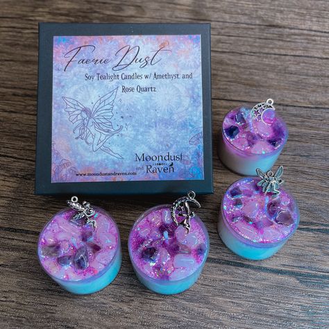 "Our Fairy Dust tealight candles are decorated with a crescent moon charm 3 fairy charms, and crystal chips (rose quartz and amethyst). 100% natural soy wax. Unscented Candle Safety and care: ~ Never leave a burning candle unattended. ~ Place candle on the lid or other heat resistant surface while burning. ~ Keep candles away from children and pets. ~ Trim the wick to 1/4\" before burning each time. ~ The first time you burn your candle, let it burn until the entire top has melted. ~ Some larger Fairy Candle, Candles Ritual, Dried Flower Candles, Magic Candles, Witchy Candles, Fairy Candles, Yule Gift, Sweet Candles, Candle Ideas