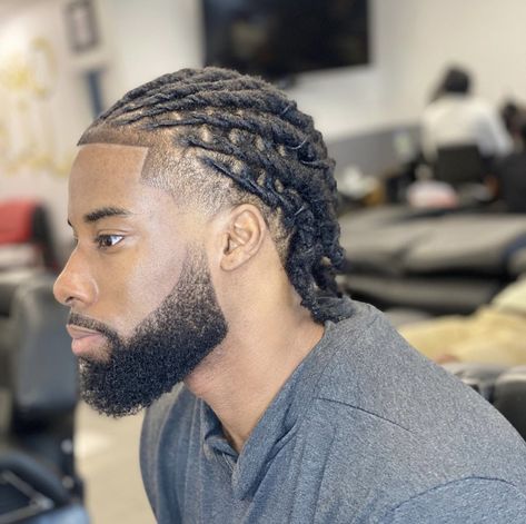 Retwist Hairstyles For Men, Locs Men Hairstyles, Cornrow Locs Men, Styles For Short Locs Men, Dread Cornrows, Dreadlock Cornrows, Cornrow Dreads, Men Short Loc Styles, Dreads And Beard