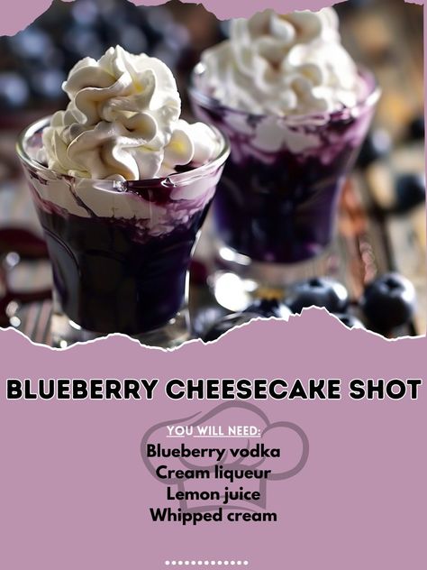 🍰 Treat yourself to a Blueberry Cheesecake Shot! 🫐🍰 #CheesecakeShot #BlueberryBliss Blueberry Cheesecake Shot Ingredients: Blueberry vodka (1 oz) Cream liqueur (1/2 oz) Lemon juice (1/4 oz) Whipped cream (for topping) Instructions: Combine blueberry vodka, cream liqueur, and lemon juice in a shaker with ice. Shake well and strain into a shot glass. Top with whipped cream. 🫐🍰 Enjoy this creamy and delicious shot that tastes just like dessert! 🍰🫐 #RecipeInspire #DessertShots #BlueberryLove Whipped Shots, Cheesecake Jello Shots, Mixed Drinks Alcohol Recipes, Frozen Drinks Alcohol, Fruity Alcohol Drinks, Bartender Drinks Recipes, Blueberry Vodka, Halloween Drinks Alcohol, Liquor Recipes