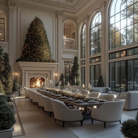 New York Home Interior, Tall Windows In Kitchen, Cathedral Style Home, House Interior Old Money, Cozy Modern Mansion, Dining Room With Windows All Around, Luxury Townhomes Interior, Elegant House Interior Luxury, Dream House Christmas