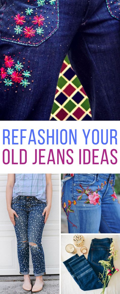 Loving these ideas to refashion old jeans! Thanks for sharing! Diy Jeans Refashion, Jean Refashion, Jeans Refashion, Jeans Ideas, Diy Baby Mobile, Diy Clothes Refashion, Diy Jeans, Sewing Alterations, Creative Clothes