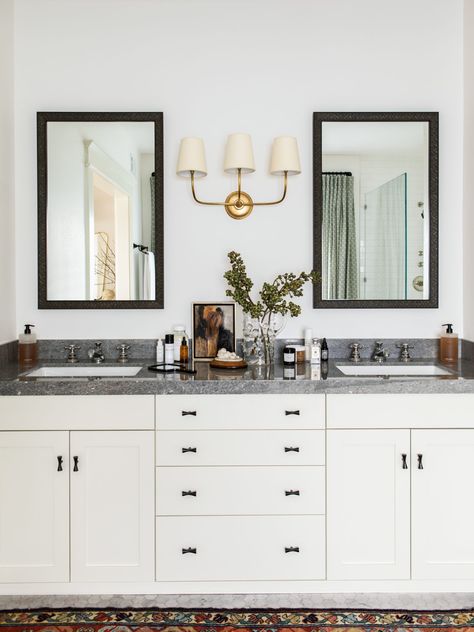 Our Master Bathroom Before & After | Damsel In Dior Vanity Nook, Vintage Style Mirror, Jacey Duprie, Damsel In Dior, Vintage Stool, Amber Interiors, Craftsman House, Linen Closet, Vintage Chairs