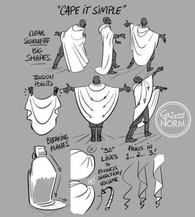 Fabric. Folds. Clothes. Cloth. Cape. Tutorial Cold Clothing Character Design, Cloak Drawing Character Design, Dnd Cloak Design, Coat On Shoulders Drawing, Simple Fantasy Outfits Drawing, Long Coat Character Design, Cloak Outfit Drawing, Pose Studies Reference, Nether Fanart