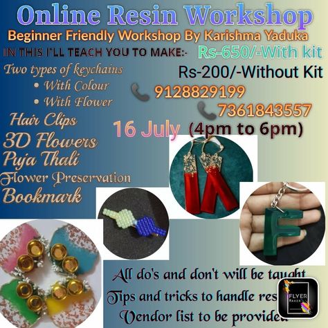 Resin workshop Limited seats Call or WhatsApp for registration #resinworkshop #workshop #onlineresinworkshop #resin #resinart #handmaderesinproducts #resinclass #onlineresinclass Resin Beginner, Resin Workshop, Vendors List, Tips And Trick, Do's And Don'ts, Diy Resin Crafts, Diy Resin, Flyer Maker, Cool Pictures Of Nature