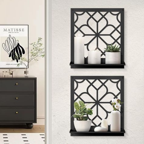 PRICES MAY VARY. Aesthetic Design: Our minimalist retro line metal wall art decor, featuring a set of two candle sconces, exudes a strong sense of beauty. These pieces are sure to catch everyone's eye and add a touch of vintage charm to your space. Unique Decor: Showcase your artistic talents by pairing these black metal wall candle holders with various rustic ornaments. Whether adorned with candles, jars, vases, small plants, or other decorative items, they create unique rustic wall decor for y Wall Art Over Toilet, Black Living Room Wall Decor, Unique Hallway Decor, Black And White Bathroom Wall Art, Black And White Bathroom Wall Decor, Wall Decor Design Bedroom, Wall Decor Bathroom Ideas, Wall Art Bathroom Ideas, Kitchen Decor For Walls