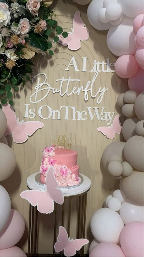 Gender Reveal With Butterflies, A Butterfly Is On Her Way, Its A Girl Baby Shower Theme, Baby Shower Girls Theme, Cute Baby Shower Themes For A Girl, Butterfly Gender Reveal Party, A Little Butterfly Is On Her Way Theme, Butterfly Garden Baby Shower Theme, A Little Butterfly Is On Her Way