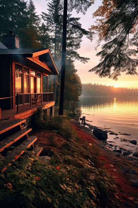 Lake Side Cabin, Cottage In The Woods Aesthetic, Cabin By Lake, Lakehouse Aesthetic, Lake Log Cabin, Lake Life Aesthetic, Small Lake House, Cozy Lake House, Cabin On A Lake