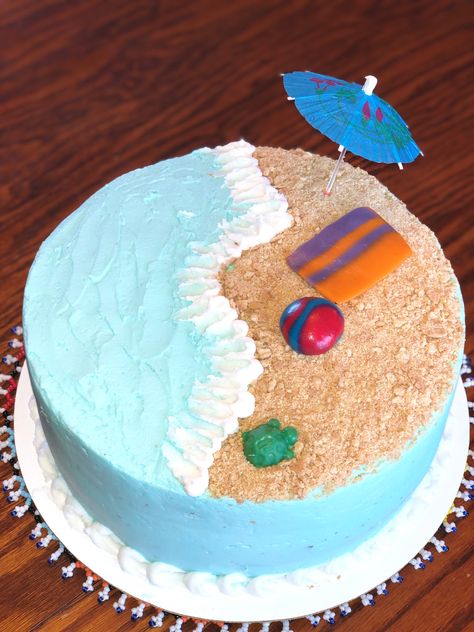 Easy Beach Cake Decorating Ideas, Beach Ice Cream Cake, Beach Theme Cakes Birthday Simple, Bluey Birthday Cake Beach, Easy Beach Theme Cake, Beach Scene Cake, Easy Fun Cake Decorating Ideas, Beach Themed Cake Ideas, Beach Birthday Cake Kids