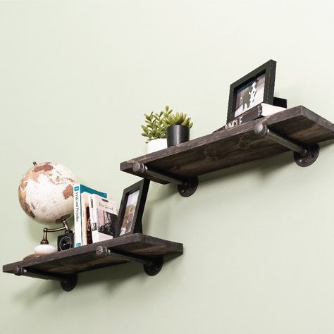 Williston Forge Hazle 2 Piece Solid Wood Floating Shelf & Reviews | Wayfair Pipe Shelving, Shelving Brackets, Industrial Shelf, Wood Office Desk, Steampunk Lighting, Tv Shelf, Pipe Decor, Industrial Factory, Diy Pipe