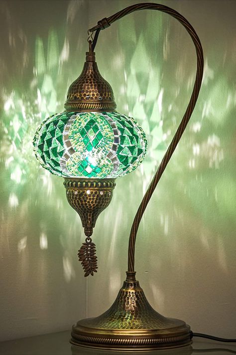 Turkish Moroccan Tiffany Style Handmade Colorful Mosaic Table Desk Bedside Night Swan Neck Lamp Light Lampshade with Hammered Metal Body and Hanging Metal Leaf, Green, 19" Turkish Lamps Aesthetic, Turkish Mosaic Lamp Patterns, Turkish Mosaic Lamp Chandeliers, Turkish Mosaic Lamp Design, Turkish Mosaic Lamp Bedroom, Tiffany Style Lighting, Green Mosaic, Tiffany Table Lamps, Tiffany Style Lamp