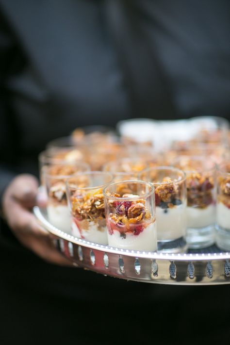 Miniature Yogurt Parfaits Wedding Brunch Reception, Buffet Wedding Reception, Ladies Brunch, Reception Food, Yogurt And Granola, Wedding Reception Food, Brunch Buffet, Wedding Buffet, Wedding Breakfast