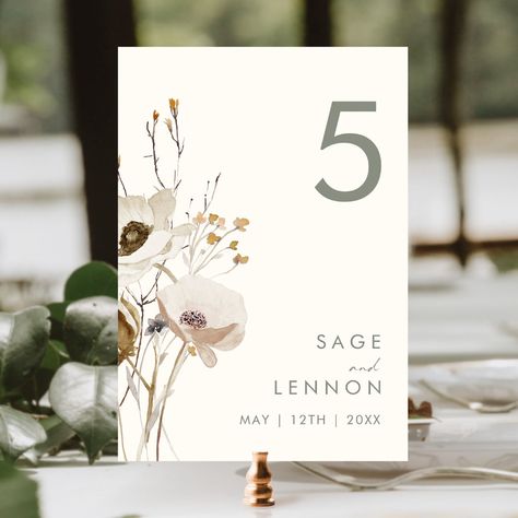 White And Gold Flowers, Elegant Boho Wedding, Fall Floral Wedding, Wedding Weekend Itinerary, Color Table, Watercolor Wildflowers, Wedding Table Number Cards, Watercolor Baby Shower, Wedding Numbers