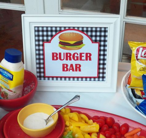 Backyard Grill Party | CatchMyParty.com Hot Dog Bar Sign, Red And White Picnic, Hamburger Bar, Barbeque Invitations, Hamburger Party, Burger Shack, Popcorn Bar Sign, Fifties Party, Backyard Bbq Wedding