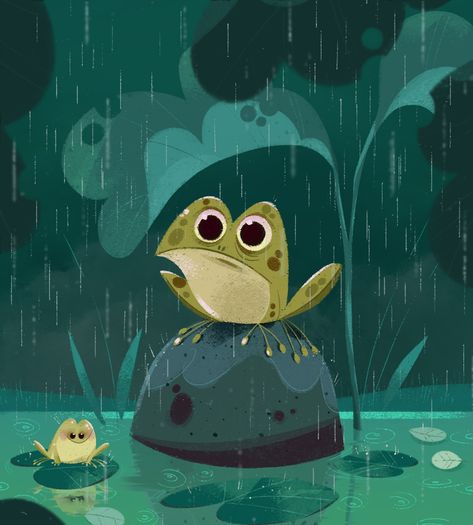 The frog in the pond! on Behance Frog In A Pond, Pond Drawing, Frog Pond, 달력 디자인, Cartoon Frog, Frog Illustration, 동화 삽화, Frog Drawing, Wacom Cintiq