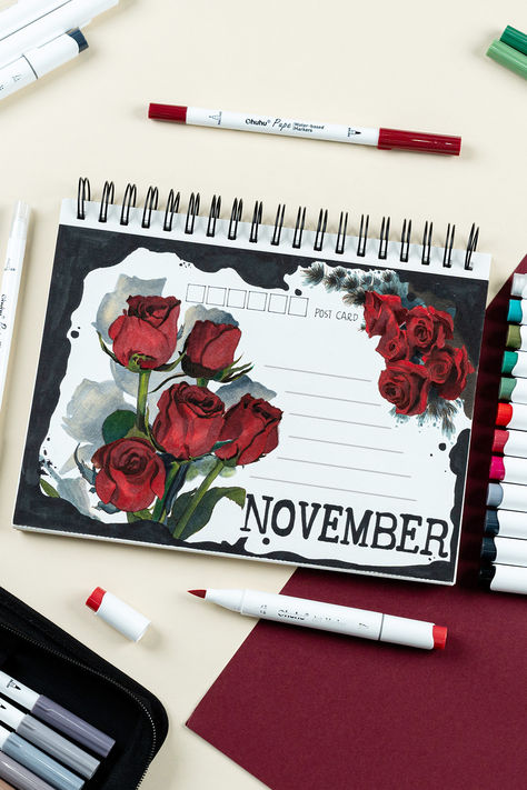 This eye-catching image showcases a beautiful bouquet of lush red roses against a dark backdrop. The bold "NOVEMBER" text adds a stylish touch, creating a visually striking and seasonally appropriate design. This would make an engaging and on-trend pin for a Pinterest board focused on autumn, floral design, or monthly planning and organization.#November #ohuhu #drawing #art #postcard #draingidea #illustraton #rose Touch Markers Drawing, Rose Bouquet Drawing, November Text, Postcard Drawing, Ohuhu Markers, Monthly Planning, Botanical Drawing, Marker Drawing, Alcohol Markers