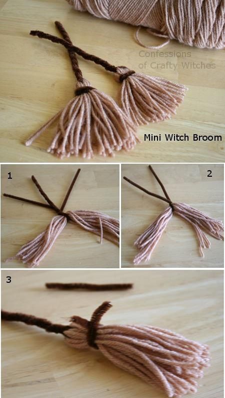 Witch brooms. Would be adorable with a yarn witch. Diy Mini Witch Broom, Witch’s Broom Craft, Yarn Witch Doll, Witch Clothespin Doll, Mini Witch Broom, Witch Rag Doll Pattern, Witch Brooms, Halloween Witch Dolls, Dolls Handmade Diy