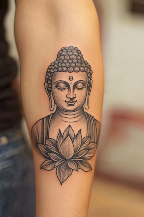 Buddha tattoo with a lotus flower on a person's arm. Strength Tattoos For Women, Avicii Tattoo, Tattoo Buddha, Buddhist Symbol Tattoos, Buddha Tattoo Ideas, Buda Tattoo, Minimalist Tattoo Design, Tattoo Design For Women, Om Tattoo Design