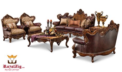 Maharaja Style Indian Classical Sofa Set Living Room Collection in Antique Cherry finish. Features exquisitely hand-carved design on the crown and tufted side cushions. The collection is upholstered in high-grade European fabric with a comfortable down-blend cushion. The fabric features a high-end floral pattern. The sofas are complimented by stylish accent pillows.  Features tufted side cushions High-grade European fabric Comfortable down-blend cushions Stylish accent pillows Traditional Sofa Indian, Maharaja Sofa Design, Sofa Design Wooden Indian, Royal Sofa Set, Classic Sofa Designs, Royal Sofa, Royal Sofa Design Wood, Carved Sofa, Sofa Pictures