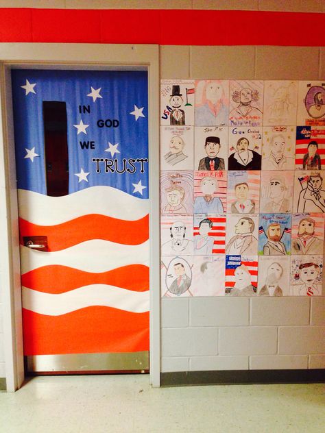 Classroom Door Decoration | Social Studies Us History Classroom Bulletin Boards, Patriotic Classroom Door, Patriotic Door Decorations Classroom, Social Studies Door Decorations, Social Studies Classroom Decorations, Patriotic Classroom Theme, Room Door Ideas, Patriotic Classroom, History Classroom Decorations