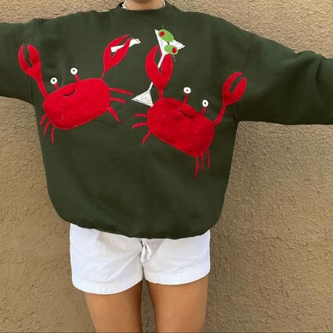 2 crabs walk into a bar….🦀🍸🚬🦀 Diy Jumper, Reworked Hoodie, Homemade Shirts, Sweater Diy, Patchwork Hoodie, Patchwork Clothes, Diy Sweater, Denim Embroidery, Upcycle Clothes Diy