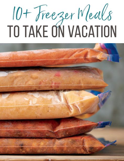 Ready to save money and time in the kitchen while on vacation? Freezer meals are the answer! I’ve rounded up the best freezer meals to take on vacation, as well as expert tips for prepping and transporting them, too. #freezermeals #makeaheadmeals Meals To Take On Vacation, Make Ahead Meals For Vacation, Meals For Vacation, How To Defrost Chicken, Easy Vacation Meals, Vacation Meal Planning, Defrost Chicken, Instant Pot Freezer Meals, Best Freezer Meals