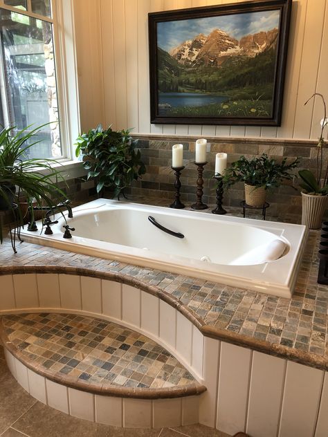 Bathroom Ideas With Corner Tub, Bathroom With Jacuzzi Tub, Jetted Tub Surround Ideas, Garden Tub Decor Master Bath, Tub Decor Master Bath, Bathtub With Jets, Double Jacuzzi Bath, Farmhouse Jacuzzi Tub, Corner Tub Shower