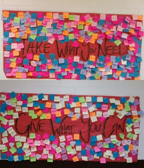 I had this idea floating around in my head about making an interactive bulliten board using pull tabs with sweet messages for my school and came across this which is a great option too!!! Totally doing this!!!! Counseling Bulletin Boards, Kindness Week, Interactive Bulletin Board, Spreading Kindness, Take What You Need, Ra Ideas, School Social Work, Student Council, Library Displays