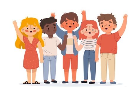 Illustration of young people waving hand... | Free Vector #Freepik #freevector #people #hand #woman #man Reading Cartoon, Waving Hand, Male Cartoon Characters, Cute Black Shirts, People Having Fun, Free Vector Illustration, Cartoon People, Character Poses