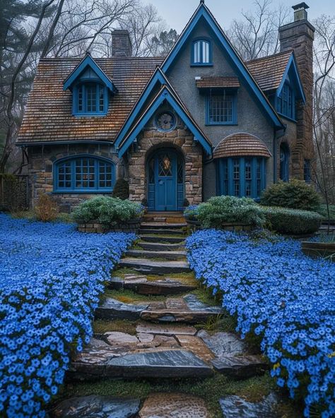 Mystical House Exterior, Blue House Aesthetic, Dark Cottagecore House, Big Blue House, Fairytale House, Sims 4 House Building, Unusual Buildings, Cottage Style Homes, Goth Home Decor