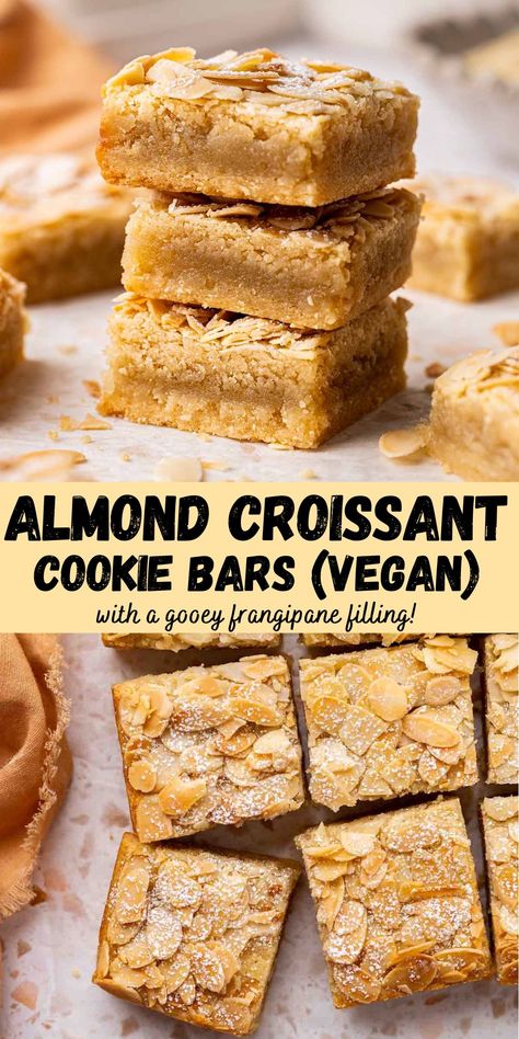 Vegan almond cookie bars inspired by classic almond croissants! These bars have layers of a soft and chewy almond cookie, gooey frangipane filling and crunchy almond topping. Vegan Healthy Baked Goods, Elegant Vegan Desserts, Scandinavian Almond Bars, Egg Free Dessert Recipes Easy, Vegan Almond Butter Cookies, Vegan Baked Desserts, Vegan Desserts Fall, Healthy Vegan Dessert Recipes, Vegan Blondies Recipe