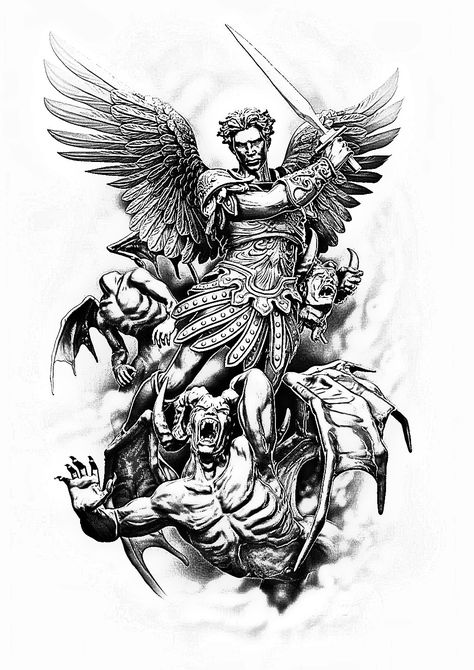 Angel Demon Tattoo, Armor Of God Tattoo, St Michael Tattoo, Atlas Tattoo, Archangel Tattoo, Spartan Tattoo, Devil Tattoo, Full Sleeve Tattoo Design, Demon Tattoo