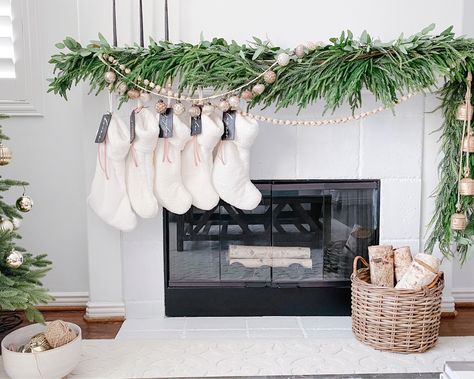 Garland On One Side Of Mantle, Garland On Fireplace Without Mantle, No Garland Christmas Mantle, Cedar Garland Christmas Mantle, Christmas Garland Mantle Fireplaces, Cedar Garland Mantle, Christmas Garland On Mantle, Garland Over Window, Cedar Garland Christmas