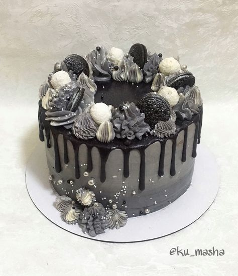 Black And Grey Birthday Cake, Black And Silver Theme Cake, Black White And Silver Cupcakes, Black White And Silver Birthday Cake, Black And Silver Cake For Men, Black And White Cake Aesthetic, Grey Cake Ideas, Black And Silver Cakes Birthday, Black And Silver Birthday Cake