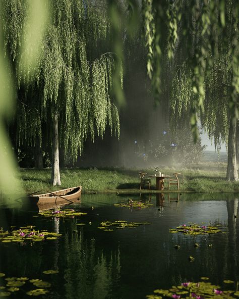 Magical Pond, Victorian Greenhouses, Sacred Garden, Monet's Garden, Surreal Scenes, Areas Verdes, Architecture Concept Drawings, Weeping Willow, Fantasy Castle