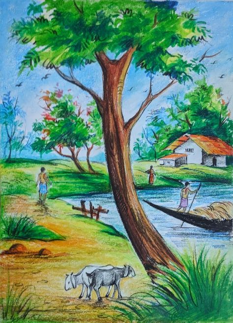 Beautiful Scenery Drawings Easy, Natural Scenery Drawing With Oil Pastels, Natural Scenery Drawing For Kids, Scenery Nature Drawing, Village Drawing Landscapes, Oil Pastel Drawings Easy Scenery, Scenery Drawing Oil Pastel, Pastel Scenery Drawing, Nature Drawing Pictures