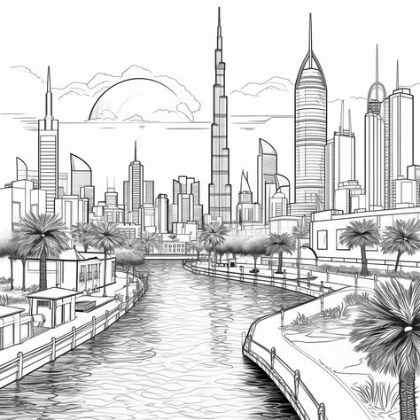 simple black and white art of a cartoonish city (Dubai, United Arab Emirates) for a toddler’s coloring book Cityscape Pencil Drawing, Dubai Drawing Easy, Dubai City Drawing, City Sketch Cityscapes, Dubai Drawing Sketch, Small City Drawing, Dubai Skyline Drawing, Black And White City Drawing, Drawing City Easy