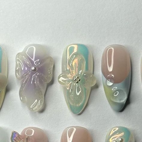 Fairy Nails Acrylic, Fairy Nails Designs, Fairy Core Nails, Fairycore Nails, Fairy Nail Art, Ribbon Nails, Iridescent Nails, Fairy Nails, Nailinspo Nailart