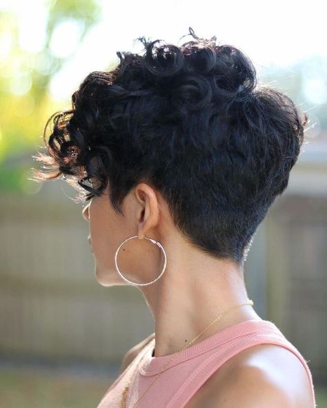 Curly Pixie Undercut Shaved Sides, Thick Curly Pixie Haircut, Curly Short Hairstyles For Women, Short Permed Hair Pixie, Curly Pixie With Undercut, Curly Undercut Women, Short Haircuts For Curly Hair Women, Feminine Pixie Haircut Curly, Very Short Wavy Hair