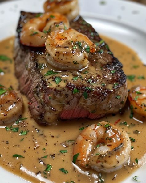 STEAK IN CREAMY CAJUN SHRIMP SAUCE (SURF AND TURF) 🥩🍤 Ingredients: 2 ribeye steaks Salt and pepper, to taste 1 tbsp olive oil 1 lb large shrimp, peeled and deveined 1 tbsp Cajun seasoning 2 tbsp butter 4 cloves garlic, minced 1 cup heavy cream 1/2 cup chicken broth 1/2 cup grated Parmesan cheese 1 tbsp chopped fresh parsley Directions: Step 1: Season and Cook Steaks Season the steaks with salt and pepper. Heat the olive oil in a large skillet over medium-high heat. C... Creamy Cajun Shrimp Sauce, Cajun Shrimp Sauce, Food Aversion, Best Steak Seasoning, Stadium Food, Creamy Cajun Shrimp, Brooklyn Food, Shrimp Sauce, Surf And Turf