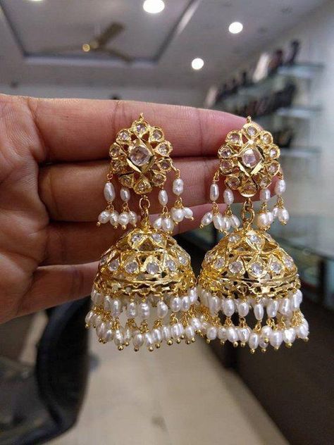 Jhumkas Earrings, Hyderabadi Jewelry, Gold Pearl Jewelry, Gold Necklace Indian, Handmade Gold Jewellery, Wedding Indian, Real Gold Jewelry, Necklace Indian, Gold Jewelry Sets